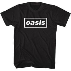 a black t - shirt with the word oasis on it's chest and white box logo