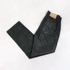 Vintage genuine leather pants in black - made of heavyweight leather - high waist - lined - 5 pockets - button fly - belt loops - materials: genuine leather SIZE from the label: W29 Best fits women: S/M MEASUREMENTS waist: 27 inches (68 cm) hips: 38.5 inches (98 cm) rise: 10.5 inches (27 cm) length: 39.5 inches (100 cm) inseam: 28.5 inches (72 cm) CONDITION - 8/10 - The pants in good pre-owned vintage condition. Black Leather Pants With Five Pockets, Black Leather Jeans With Standard Cut, Black Leather Straight Leg Jeans, Black Straight Leg Leather Pants With Belt Loops, Black Leather Bottoms With Belt Loops, Black Leather Moto Bottoms, High Waist Leather Bottoms For Streetwear, High-waisted Leather Pants For Streetwear, Leather Biker Pants With Belt Loops