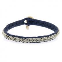 Handmade single wrap Bracelet created in blue leather with woven Pewter and horn clasp by Maria Rudman.  17.5cm