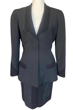 Thierry Mugler FW 1998 Wool Suit Ensemble, Jacket and Skirt with Knit Detailing; panel front of skirt, lapels, pockets, and cuffs.  Collector's piece of Wearable Art. Marked Size 38 Made in France Jacket Shoulders: 17" Bust: 35" Waist: 28.5" Length: 29" Skirt Waist: 27" Length: 20.25" Mugler Suit, Womens Suits, Thierry Mugler, Wool Suit, Wearable Art, Blazer Suit, Suits For Women, Art Collection, Bathing Beauties