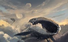 a painting of a whale in the clouds