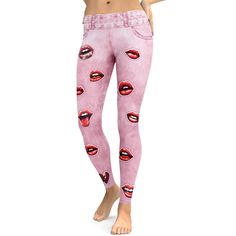 Valentine Lips Denim Print Leggings Trendy High Waist Pink Leggings, Playful Pink Cotton Leggings, Pink Mid-rise Denim Bottoms, Trendy Pink Spring Leggings, Trendy Pink Cotton Leggings, Trendy Stretch Pink Jeans, Trendy Pink Stretch Jeans, Fitted Pink Denim Bottoms, Pink Stretch Jeans For Summer