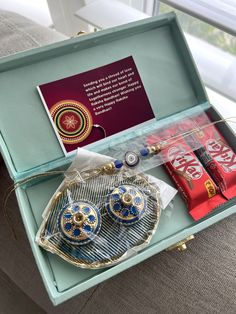 This Rakhi we are offering a beautiful and creative package for your brother. We are shipping WORLDWIDE. India delivery is available. What's included?  - 1 Happy Rakhi tags -Box - Roli Chawal Shagan Plate - Chocolates (2) - Rakhi (evil eye) Handmade Bracelets As Diwali Gifts, Traditional Blue Bracelet For Gift, Blue Bracelets For Festivals As A Gift, Blue Bracelets For Festivals And Gifts, Blue Bracelets Gift For Festivals, Blue Festival Bracelets Gift, Traditional Bracelets For Festivals And Gifting, Traditional Bracelets For Festivals And Gifts, Traditional Gift Bracelet For Festivals