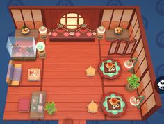 an overhead view of a living room and kitchen in the animal crossing game, which is designed to look like a house