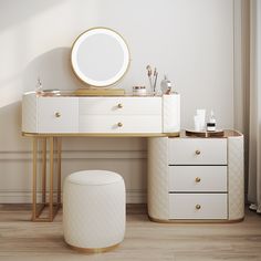 a white vanity with gold accents and a round mirror on the top shelf next to it