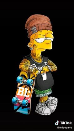 the simpsons is holding his skateboard and wearing a hat