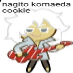 an image of a cartoon character holding a red and white guitar in his hand with the caption'nagito komaeda cookie '