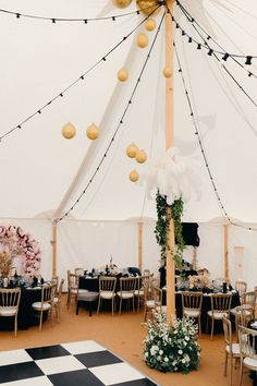 the inside of a tent with tables and chairs set up for a wedding breakfast or reception