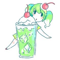 a drawing of a girl holding a cup with ice cream and cherries on it