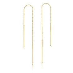 Balanced 14K Gold Double Bar Ear Threader Chain Earrings...Best Seller! These are very versatile and can be worn multiple ways if you have several piercings. Elegantly simple with just the right amount of edge for everyday wear....Lots of movement! Thin 14K Gold Box Chain Ear Threads with Double Bars Each bar is 3/4" long Total length of entire thread is 4.5" including the bars Gold Thread Earrings, Chain Threader Earrings, Staple Earrings, Thread Chains, Threader Earrings Gold, Stamped Earrings, Thread Earrings, Solid Gold Earrings, Hanging Earrings