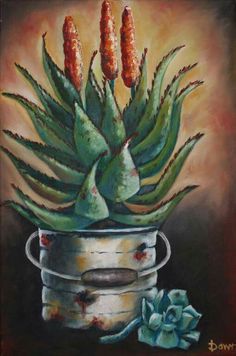 an oil painting of some flowers in a pot with a succulent on the side