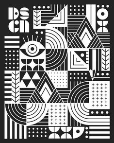 an abstract black and white design with geometric shapes, lines, and dots on a black background