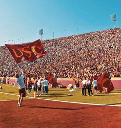 a man holding a red and yellow flag in front of a crowd at a football game