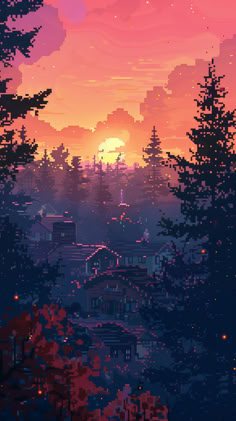 the sun is setting over some trees and buildings in this pixel art style scene,