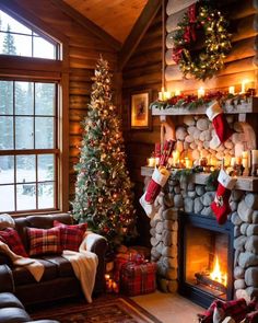 a living room decorated for christmas with stockings and stocking on the mantels