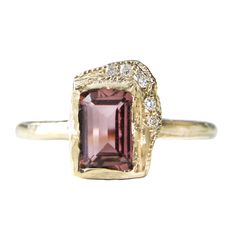 6X4 emerald cut pink tourmaline set north-south vertically with white round brilliant diamonds. Minimalist Jewelry Rings, Huge Rings, Summer Rings, The Beauty Of Life, Alternative Bridal, Beauty Of Life, Pink Tourmaline Ring, Dope Jewelry, Cabochon Ring