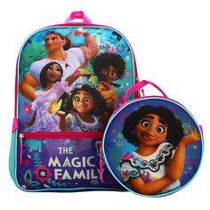 Celebrate your favorite magical family with this Encanto lunch tote and backpack. The tote comes in blue and features an image of Mirabel Madrigal in front of a floral background while the backpack shows Luisa, Isabela, Mirabel, and Antonio in front of a jungle background. White letters on the front pocket read, "The Magic Family." The backpack comes with a padded back and padded shoulder straps along with a pair of side mesh pockets that are perfect for carrying a water bottle. Encanto fans wil Mirabel And Antonio, Jungle Background, Disney Tote Bags, Mirabel Madrigal, Disney Encanto, Mesh Backpack, Purple Backpack, Kids Backpack, Family Road Trips