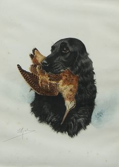 a painting of a dog holding a bird in its mouth