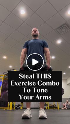 a man sitting on top of a black sign with the words steal ths exercise combo to one your arms