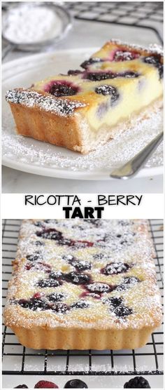 two pictures showing different types of pies on cooling racks with the words ricotta berry tart above them