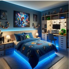 a bed room with a neatly made bed and blue lights on the headboard is lit up