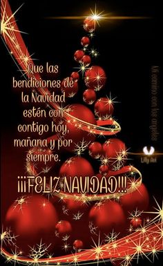 a christmas tree made out of red balls and sparkles on a black background with spanish text