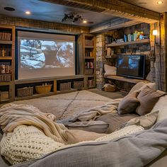 Dream Tv Room, Aesthetic Entertainment Room, Cinema Snug Room, Cozy Theatre Room, Movie Room House, Finished Basement Ideas With Woodstove, Cozy Room Interior, Cute Big Living Room, Big House Interior Design