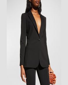 Alice + Olivia "Breann" signature long fitted blazer     Approx. 28"L from shoulder to hem     Notched lapels; singlebutton front    Long sleeves; button cuffs    Side welt pockets    Slimcut fit     Hem falls below the hip    Viscose/nylon/elastane    Lining: Polyester    Dry clean    Imported Luxury Long Sleeve Black Blazer, Luxury Tailored Long-sleeved Blazer, Silk Single-button Long Sleeve Blazer, Luxury Velvet Single-button Blazer, Black Structured Single-button Blazer, Fitted Blazer, Alice Olivia, Neiman Marcus, Tops Designs