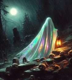 a painting of a ghost in the woods at night