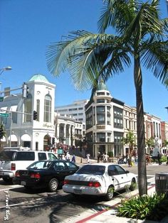 cars are parked on the side of the road in front of buildings and palm trees