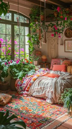 a bedroom with lots of plants hanging from the ceiling and bed in front of large windows