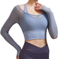 PRICES MAY VARY. A two-in-one yoga outfit. The outer layer is a long-sleeved piece of mesh fabric, and the inner layer is a medium support sports bra. Mesh short sleeves-95% nylon and 5% spandex. Sports bra -81% nylon and 19% spandex. Padded sports bra. Featuring an elastic hem and fixed line design, providing additional coverage and shape support. The non removable padding also prevents the bra from shifting and is easy to clean. Applicable scenarios. Long Sleeve Athletic Top is suitable for yo Dance Workout Clothes, Exercise Clothes, Pilates Clothes, Athletic Tops, Yoga Long Sleeve, Women's Athletic Wear, Medium Support Sports Bra, Yoga Outfit, Mesh Short