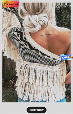 Fashion Street Geometric Tassel Oblique Collar Tops Sweater Boho Vibes Aesthetic, White And Blue Outfit, Tassel Sweater, Boho Mode, Construction Zone, Emily Rose, Amazing Video, Mode Boho, Fringe Sweater