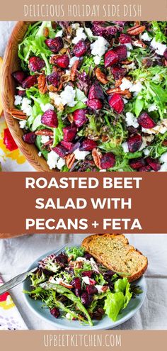 roasted beet salad with pecans and feta in a bowl on a table