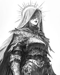 a black and white drawing of a woman in armor with her hands on her hips