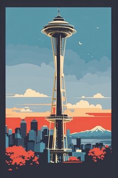 the space needle in seattle, usa is an art deco poster designed to look like it's floating on water