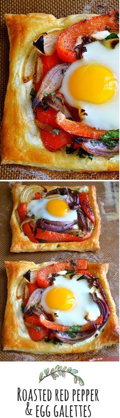 three different pictures of food with eggs on top and vegetables in the middle, along with bread