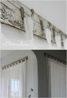 two pictures of curtains hanging on the side of a window