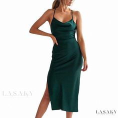 Lasaky - Luxurious Long Dress for Women Green Midi Skirt, Stylish Midi Dress, Bodycon Party Dress, Silk Dress Long, Bodycon Dress Parties, Green Satin, Corset Style, Guest Outfit, Party Dresses For Women