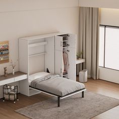 a bedroom with a bed, desk and storage cabinet in it's center area