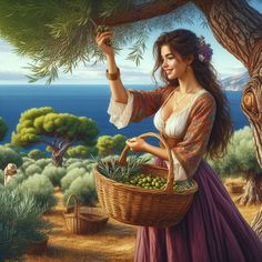 a painting of a woman holding a basket full of green grapes in front of the ocean