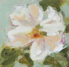 a painting of a white flower with green leaves