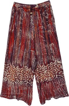 A comfortable pair of flowy wide-leg bohemian pants with tribal style print in red, navy, and beige.  The prints are inspired by a waterfall in the woods and tribal patterns near the bottom create a charming look. #tlb #SplitSkirtsPants #Pocket #Printed #bohemianfashion #XLPlus #WideLegPants #BeachPants #CasualPants #HippiePants Bohemian Red Harem Bottoms, Bohemian Red Pants For Beach, Red Bohemian Harem Bottoms, Red Bohemian Pants For Beach, Bohemian Red Pants For The Beach, Red Bohemian Pants For The Beach, Red Bohemian Wide Leg Pants For Summer, Bohemian Red Wide Leg Pants For Summer, Red Wide Leg Hippie Pants