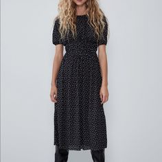 Zara Polka Dot Dress New With Tags Attached Midi Dress Zara Dress Polka Dots 99% Polyester Black Polka Dot Dress Outfit, Dot Dress Outfit, Polka Dot Dress Outfit, Zara Polka Dot Dress, Black Polka Dot Dress, Zara Dress, Round Neck Dresses, Polka Dress, Dress Outfit