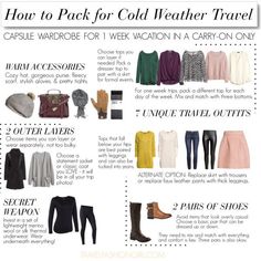 an info sheet describing how to pack for cold weather travel with clothes, accessories and shoes