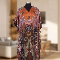 "Long Hand Embellished Silk Kaftan Silk Dress For Women One size fits most Material :- Silk  👉size Small  to 8XL 👈 Length 60\" and 43\" Width, Around 86\" This beautiful print Kaftan is handmade made from high-quality silk. This unique style of Silk Kaftan and the delicate pattern on it, makes it perfect for you to get ready for your big day- with style and comfort! Wash - Hand wash Free Shipping" Silk Kaftan With Digital Print Tunic, Printed Tunic For Eid, Silk Maxi Kaftan For Eid, Festive Silk Printed Kaftan, Silk Maxi-length Kaftan For Eid, Bohemian Kaftan With Digital Print And Kimono Sleeves, Elegant Free Size Kaftan For Beach Cover-up, Festive Bohemian Kaftan With Digital Print, Bohemian Long Kaftan With Digital Print