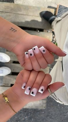 French Tips With Black Stars, French Manicure With Stars, Star Acrylic Nail Designs, Star Nails Acrylic Square, Square Nails With Stars, French Tips Stars, Square Star Nails, Acrylic Nails With Stars, Star Nails Square