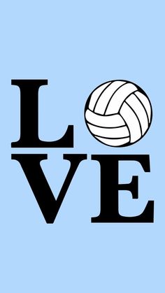 the word love with a volleyball ball in it's center on a blue background