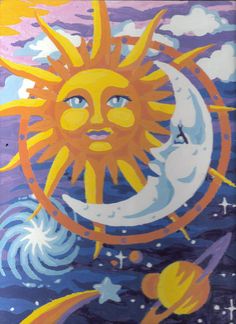 a painting of the sun and moon with clouds