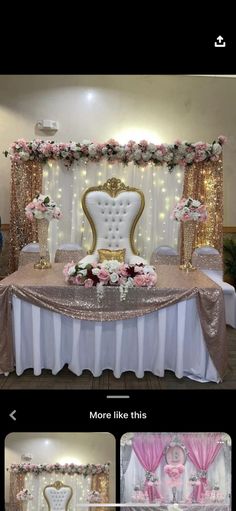 an image of a table set up for a wedding reception with pink and gold decorations